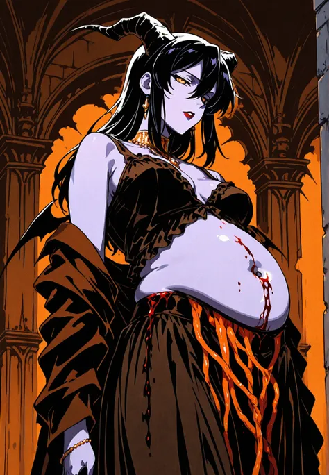  demon girl , purple skin, camisilla, Horns ,  elegant clothes, average sines, Elegant Jewelry, aggressive, brown, (open belly, Bleeding intestines). Background: Castle corridors, blood. dark atmosphere