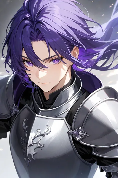 Man in knight armor, purple eyes and blue and purple hair with a beautiful face