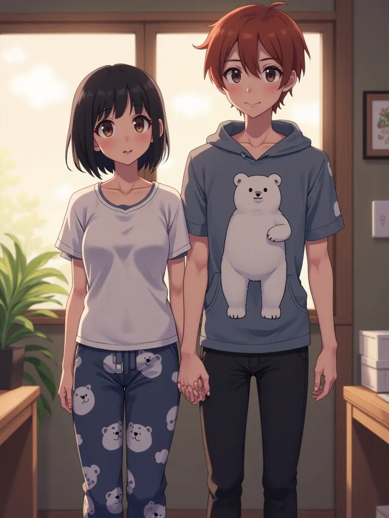 (Mexican woman, 22 years, short, 1.52 cm, (chubby girl), dark brown eyes, slightly slanted eyes, black hair, short hair, straight hair, small breasts, pijama pants with polar bear drawings, dark blue pants, (brown skin girl),cute anime design t-shirt), cou...