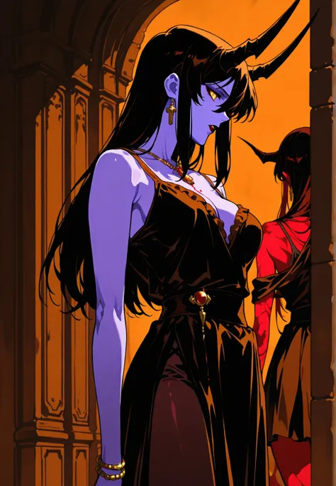 Two Demon Girls, 1 purple skin, 1 with red skin, camisilla, Horns ,  elegant clothes, average sines, Elegant Jewelry, aggressive, brown, (Zenithal light on them). Background: Castle corridors, blood. dark atmosphere