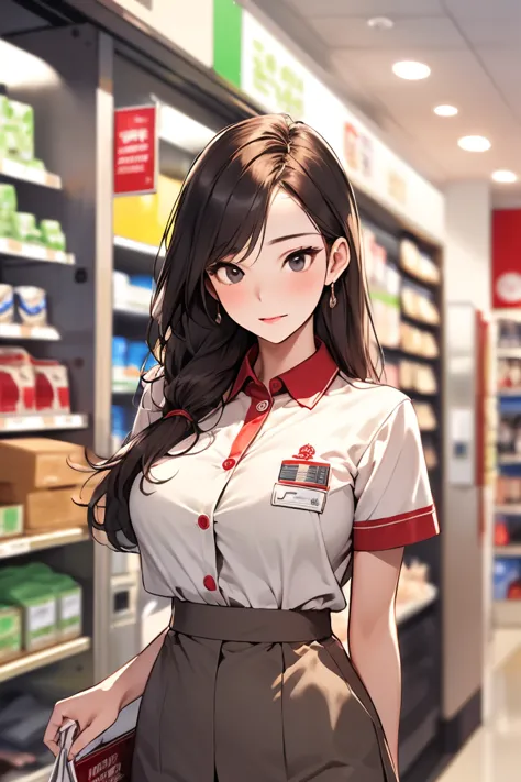 A very beautiful 20-year-old Korean girl with a sexy, sculptural body (not so thin), dressed in a South Korean convenience store employee uniform (white flannel with red piping on the short sleeves and shirt collar and a red badge with white letters embroi...