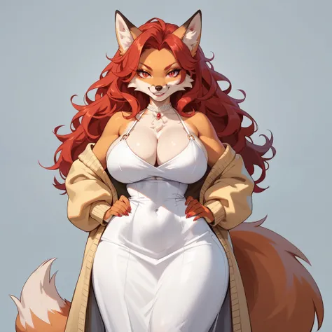 1girl, anthro furry, fox, solo, long red hair, red eyes, slit pupils, orange fur, big breasts, narrow waist, wide hips, thick thighs, white dress, long skirt, yellow cardigan, smirk, sexy, hand on hips, standing, looking at viewer, simple background, from ...