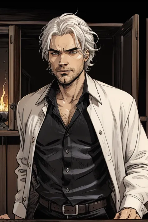 This lazy gentleman has large black eyes that are like two onyxes. His silky, wavy, white hair is worn in a style that reminds you of a flame. He is very short and has a lean build. His skin is pale. He has a large mouth and a wide chin. His wardrobe is se...