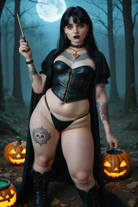 (goth girl), Gwen Tennyson,marker,bulma,Rebecca Chambers, (SHORT GIRL:1.5) ,1 girl,, Outside, witch costume ,gold neck jewelry,Body Tattoos, VERY LONG HAIR, PARTED BANGS, pumpkin village, PARTED BANGS, PANTIES THONG, , Thick GOLDEN leather HEART belt, Cere...