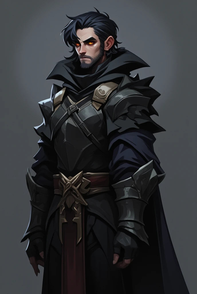 Appearance:  Tall (195 cm), thin, but not weak. Pointed face, eyes smoldering, like coals. } The hair is black with an ash tint, long, more often collected. Wears dark, almost ceremonial attire - a mix of armor and robes.
Pol: male. 
 Character : Cold, pru...