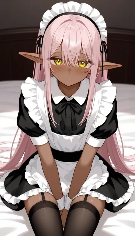     best quality  ,       very detailed    ,(dark elf boy :1,7), black circles under the eyes , yellow eyes ,(long hair of soft pink color:1,8),   tired look,  a femboy ,   slim,  perfect body   , Cute,  is fake  , Maid Clothes , playful,  stockings