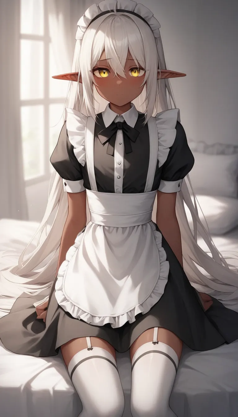     best quality  ,       very detailed    ,(dark elf boy :1,7), black circles under the eyes , yellow eyes ,(long hair of soft turquoise color:1,8),   tired look,  a femboy ,   slim,  perfect body   , Cute,  is fake  , Maid Clothes , playful,  stockings