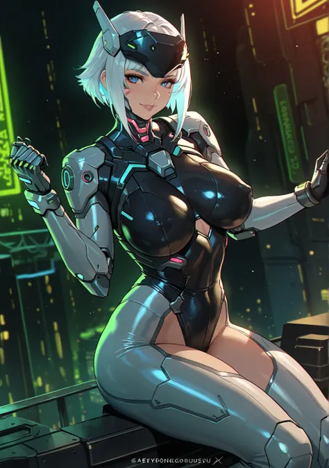 1girl, breasts, cyborg, covered_nipples, blue_eyes, white_hair, short_hair, solo, cyberpunk, large_breasts, sitting, lips, a drawing of a woman in a futuristic suit, clothed in cyber armour, cyborg - girl with silver hair, dominatrix assassin robot, girl i...