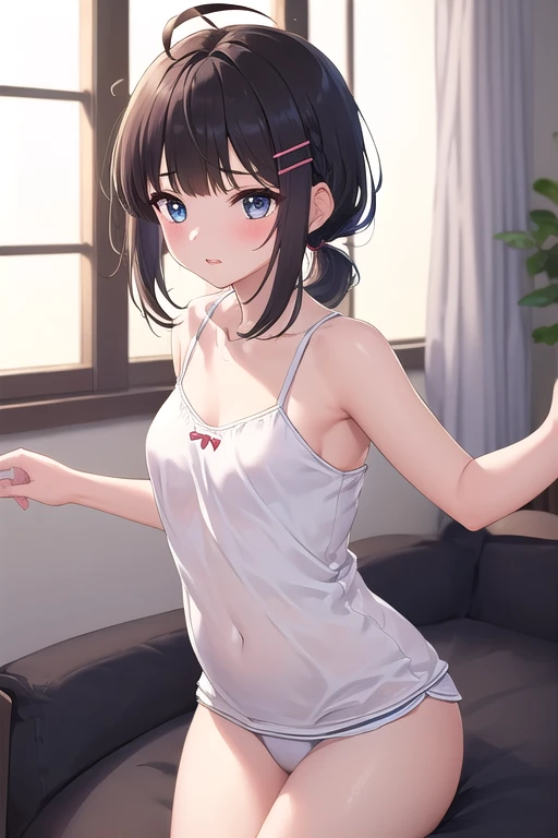 ((top quality)), ((masterpiece)), (Details),  1 girl。blunt bangs。Short Hair。braided ponytail。ahoge。Cute hair clip。 look so young。small breasts。(moving composition)。warm loungewear。