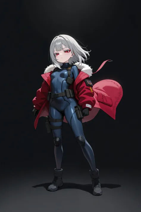 Mesugaki, medium hair, grey hair, grey eyelashes, red eyes, {fur trimmed grey coat}, dark blue bodysuit, tactical clothes, small breasts, red eyeshadow, black background, full body