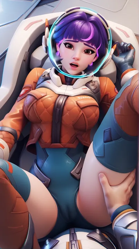 (pov: Above), 1girl, Juno (overwatch 2), (short hair, straight bangs, curled fringes, purple colured hair, pink accents), round cute brown eyes, cute button nose, cute pink lips, looking at viewer, Shy Sultry Face, Meek Expression, Slight Open mouth gasp, ...