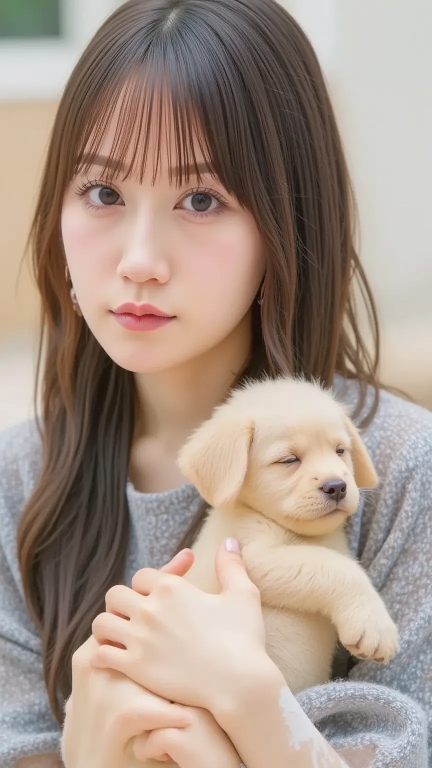 "A cute woman gently hugging a sleeping puppy in her arms, her eyes closed in a peaceful and content expression. The woman has soft, flowing hair, wearing a cozy sweater, and the puppy is small and fluffy, curled up comfortably in her embrace. The scene is...