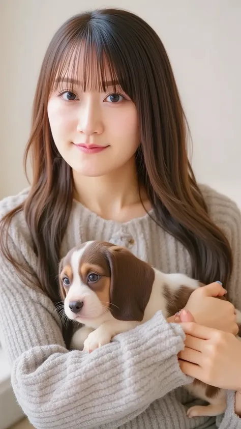 "A cute woman gently hugging a sleeping puppy in her arms, her eyes closed in a peaceful and content expression. The woman has soft, flowing hair, wearing a cozy sweater, and the puppy is small and fluffy, curled up comfortably in her embrace. The scene is...