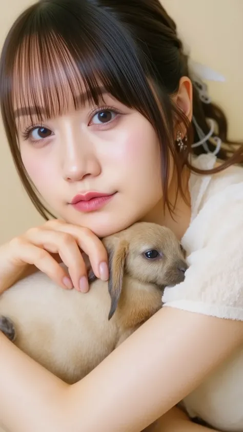 "A cute woman with soft features, long flowing hair, and a gentle expression is holding a sleeping bunny close to her chest. The woman is closing her eyes, completely content and at peace, with a serene smile on her face. The bunny, small and fluffy, is pe...