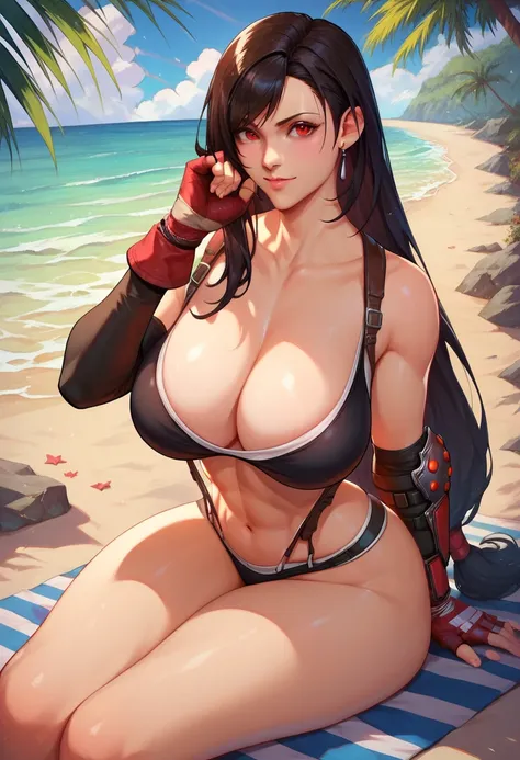 Tifa big black hair red eyes big breasts healed abdomen big thick thighs black thighs sexy panties and black bra on the beach and big ass posing sexy