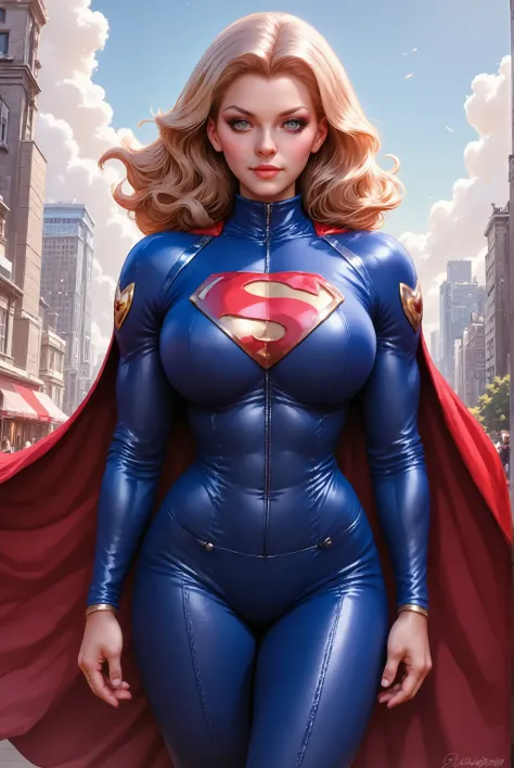Full body portrait of A 28 years blond  woman  AS SUPERGIRL WEARING A SEXY SUPERMAN SUIT AND CAPE, IN A city, from a distance, artgerm , dressed as supergirl