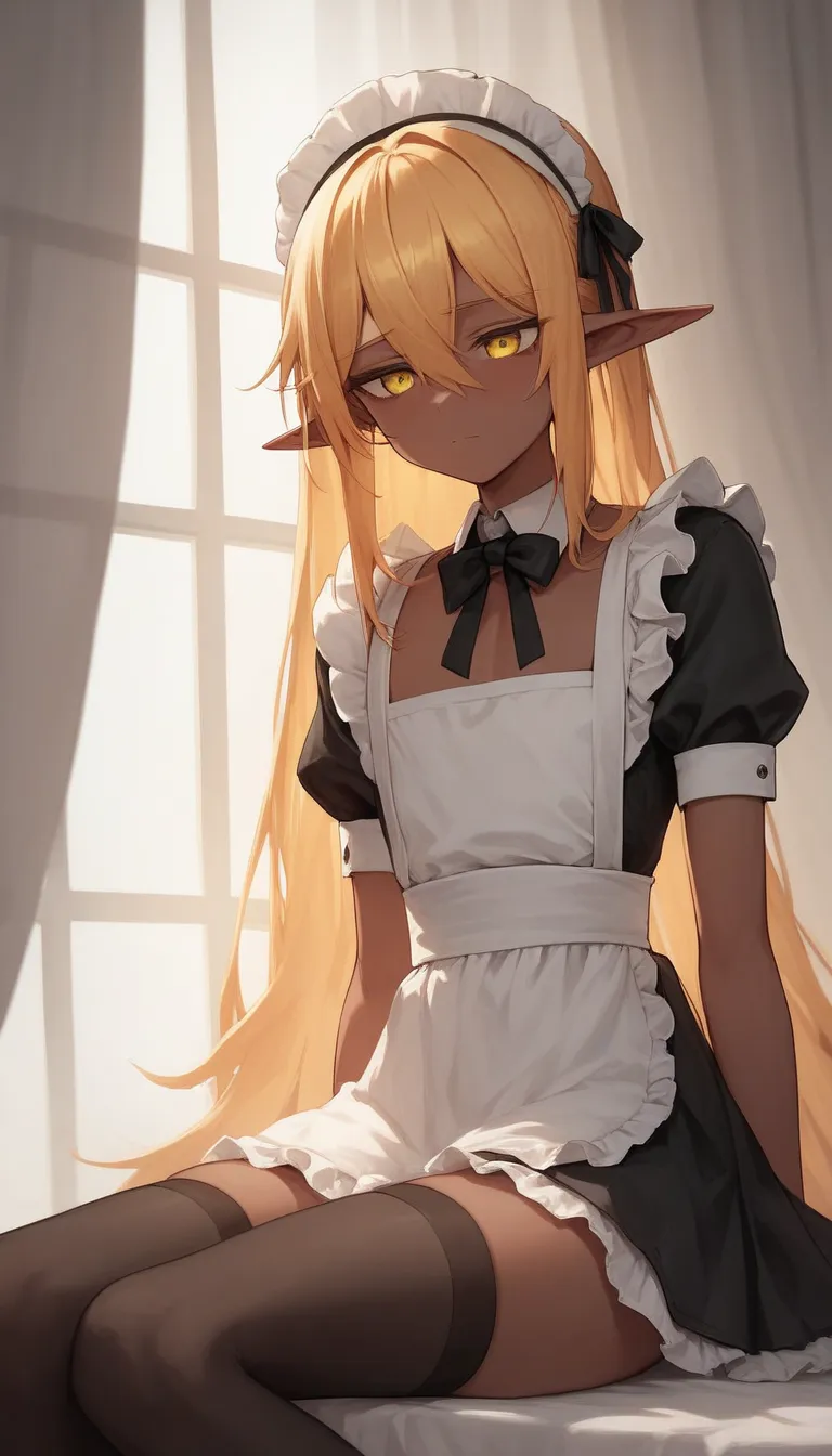     best quality  ,       very detailed    ,(dark elf boy :1,7), black circles under the eyes , yellow eyes ,(long golden hair:1,8),   tired look,  a femboy ,   slim,  perfect body   , Cute,  is fake  , Maid Clothes , playful,  stockings