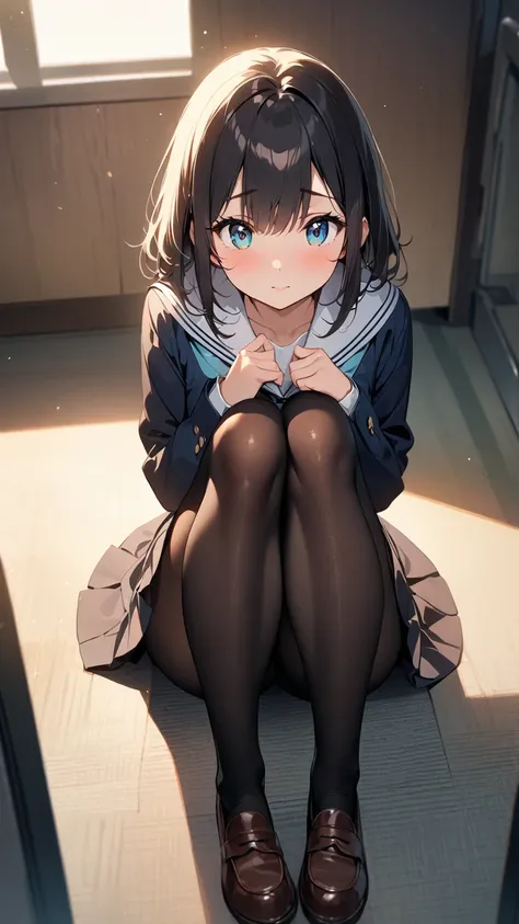  full body portrait 、 completely anatomically correct、TOP QUALITY、 highest resolution、Greatest Masterpiece、 masterpiece、animated illustration、 soft lighting 、 Soft Shadows 、 One Beautiful Girl  、 beautiful eyes、 big eyes、
  school uniform、 mini pleated ski...