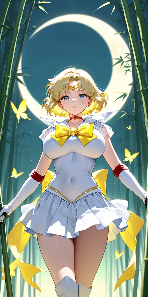 Masterpiece, elegant mature woman, princess moon\(princess moon\), tall body, big breast, while sailor senshi uniform (white sailor senshi uniform skirt, white sailor senshi uniform gauntlets, white sailor senshi uniform high boots, yellow butterfly ribbon...