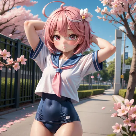 solo, masterpiece, best quality, outdoors, street, cowboy shot, cherry blossom, looking at viewer, :o, closed mouth, blush, standing, I-58, pink hair, short hair, ahoge, hair ornament, white shirt, short sleeves, blue sailor collar, pink neckerchief, blue ...