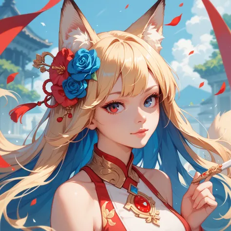  Long hair, 1 , Alone, High resolution,  masterpiece,  blonde hair,  blue hair,  fox ears,  blue eyes, red eyes,  hair flower , 