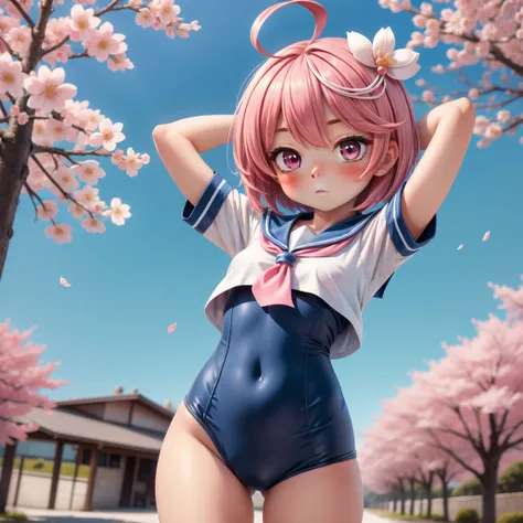 solo, masterpiece, best quality, outdoors, street, cowboy shot, cherry blossom, looking at viewer, :o, closed mouth, blush, standing, I-58, pink hair, short hair, ahoge, hair ornament, white shirt, short sleeves, blue sailor collar, pink neckerchief, blue ...