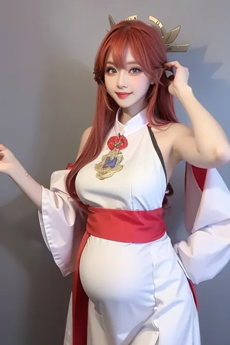 a tall cut woman that is pregnant with long smooth hair wearing a maids outfit

