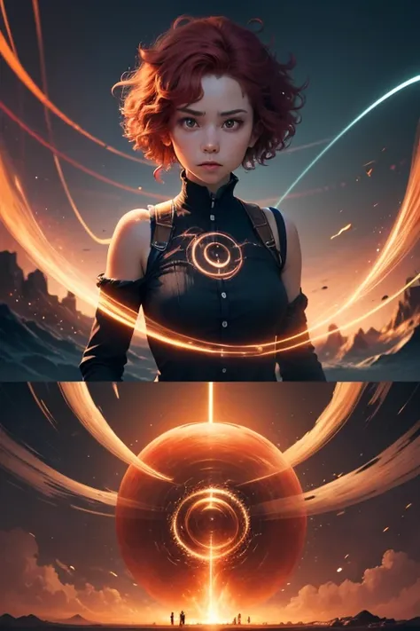  masterpiece. Time travel,  with multiple vortices that go to different periods of history intertwining and altering reality , creating time loops and different versions of a chubby red-haired girl at different times 
