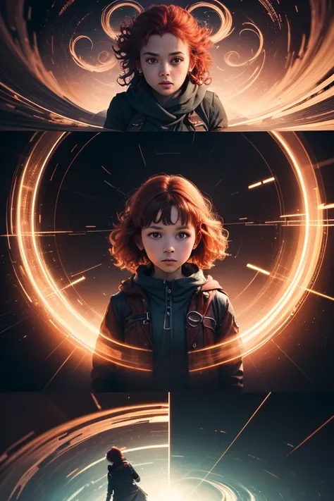  masterpiece. Time travel,  with multiple vortices that go to different periods of history intertwining and altering reality , creating time loops and different versions of a chubby red-haired girl at different times 
