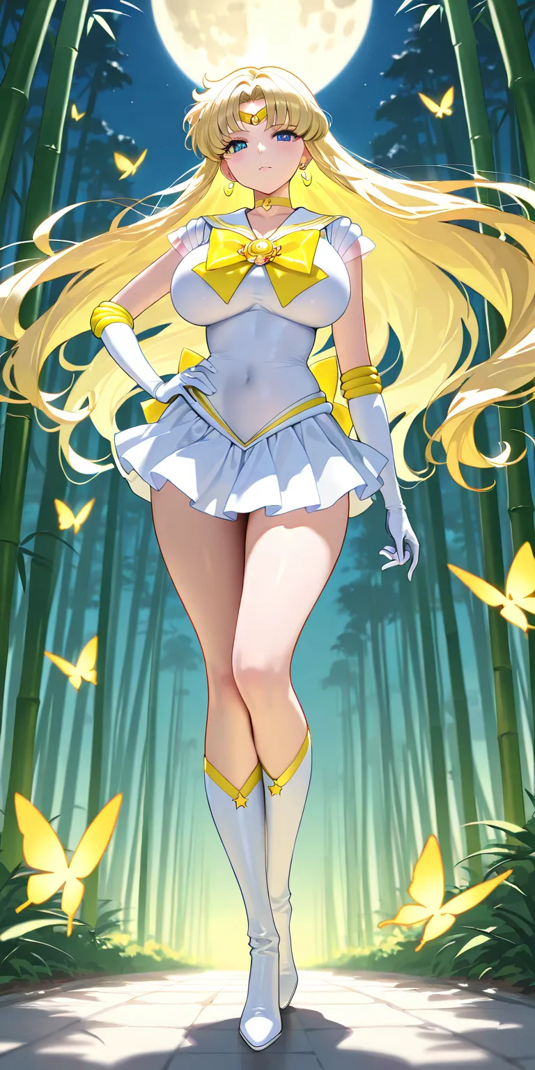 Masterpiece, elegant mature woman, princess moon\(princess moon\), tall body, big breast, while sailor senshi uniform (white sailor senshi uniform skirt, white sailor senshi uniform gauntlets, white sailor senshi uniform high boots, yellow butterfly ribbon...