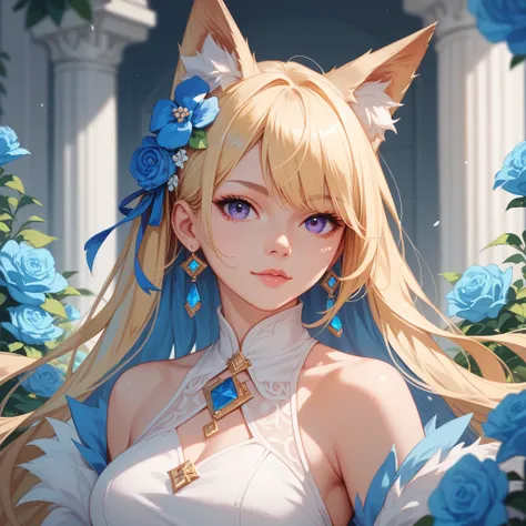  Long hair, 1 , Alone, High resolution,  masterpiece,  blonde hair,  blue hair,  fox ears,  blue eyes,   hair flower ,  purple eyes, 