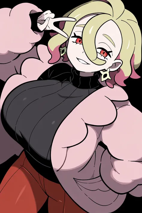 official art, 1 girl, briar_(pokemon), Pokemon sv, smile, V, huge breasts, purples jacket, black sweater, turtleneck, sweater under jacket, red pants, blonde, earrings, short hair, red eyes, dutch angle, simple background, offcial style, masterpiece, best ...