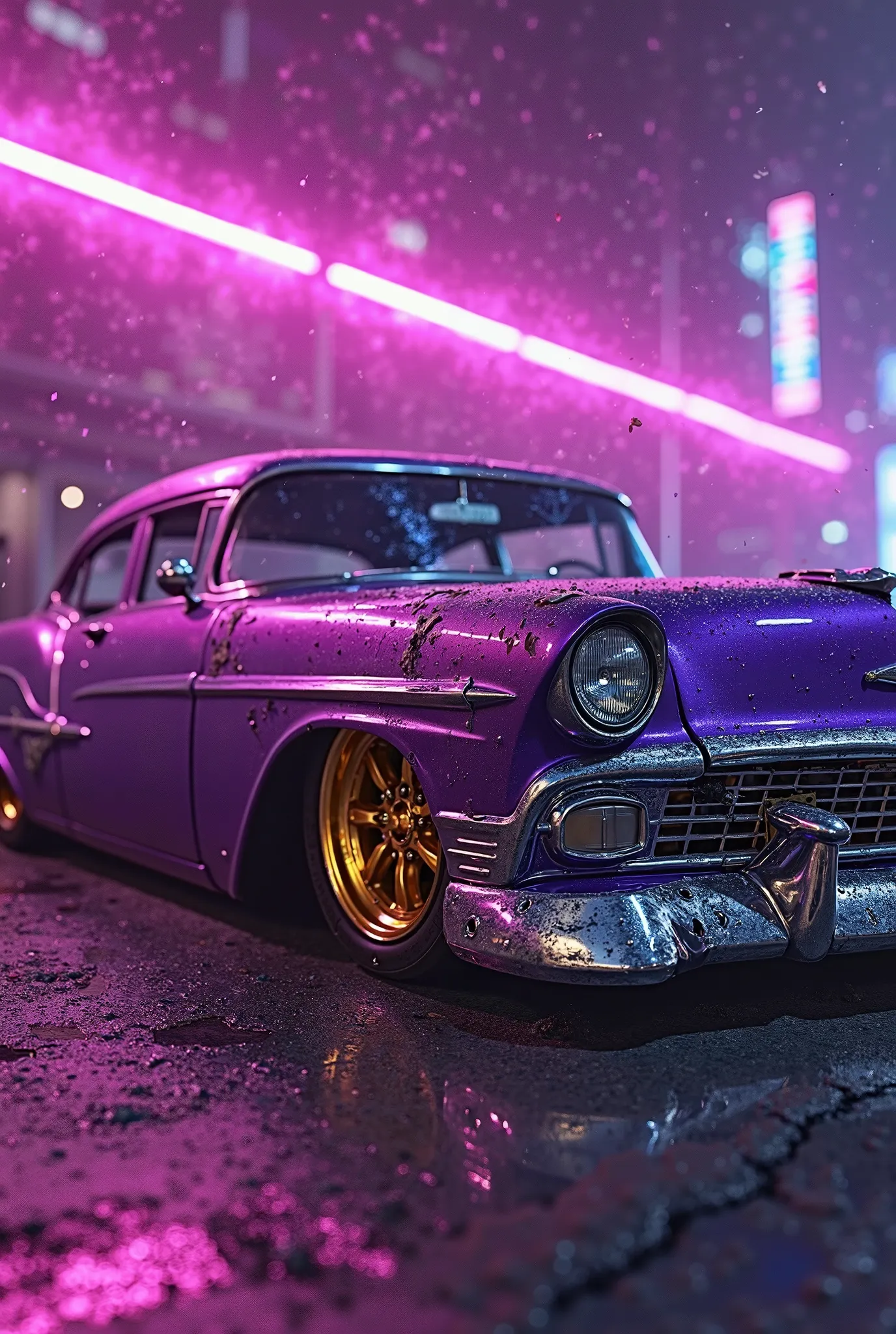 A bludgeoned purple lowrider with gold wheels, the neon background also in the color purple