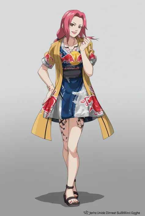 us, one piece, wears a dress with the Red Bull logo. Alone, Smiling