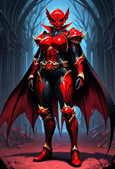 Top quality, full body, standing, from front,looking at viewer, no human features,beautiful female vampire,赤いフルフェイスマスク、 perfect body,non-human features,red baio armor, large breasts, rider belt,赤い月