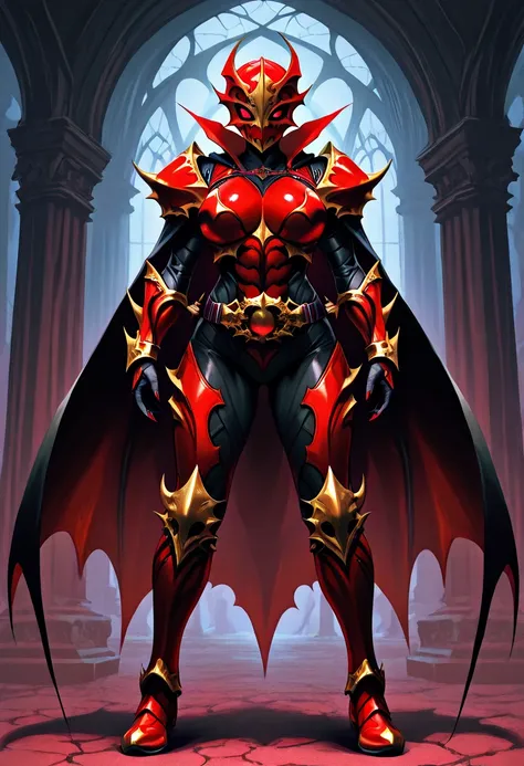 Top quality, full body, standing, from front,looking at viewer, no human features,beautiful female vampire,赤いフルフェイスマスク、 perfect body,non-human features,red baio armor, large breasts, rider belt,赤い月