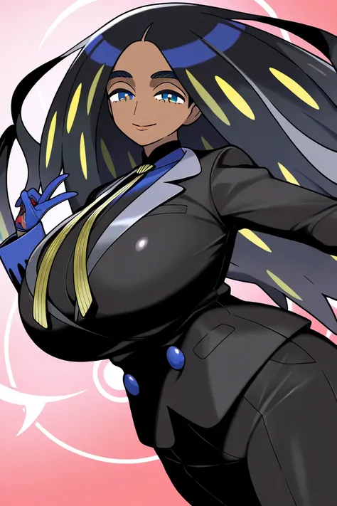 official art, 1 girl, geeta_(pokemon), Pokemon sv, smile, V, huge breasts, black jacket, black suit, black pants, black hair, long hair, blue eyes, dutch angle, simple background, offcial style, masterpiece, best quality, Very aesthetic, absurdres,