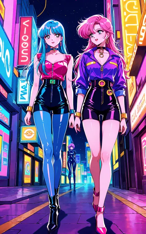 [gyaru:1.3], cool beauty, 2 women, girls hair, slender body, walking, retro future, cyber fashion, urban ,