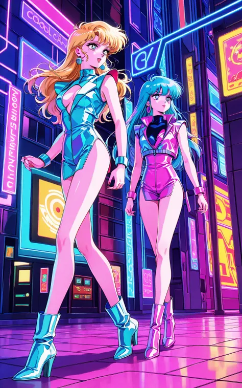 [gyaru:1.3], cool beauty, 2 women, girls hair, slender body, walking, retro future, cyber fashion, urban ,