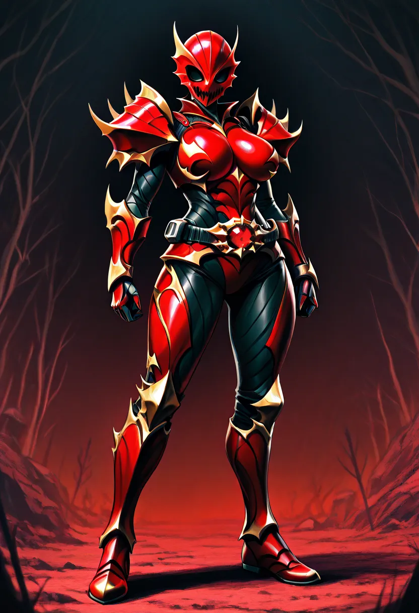 Top quality, full body, standing, from front,looking at viewer, no human features,beautiful female vampire,赤いフルフェイスマスク、 perfect body,non-human features,no human face, red baio armor, large breasts, rider belt,赤い月