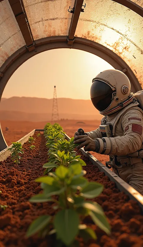 POV of an astronaut inside a greenhouse on Mars, carefully tending to a row of fragile green plants growing in artificial soil. The red, dusty Martian landscape stretches beyond the glass dome, while the faint sun casts a dim, orange glow. Condensation for...