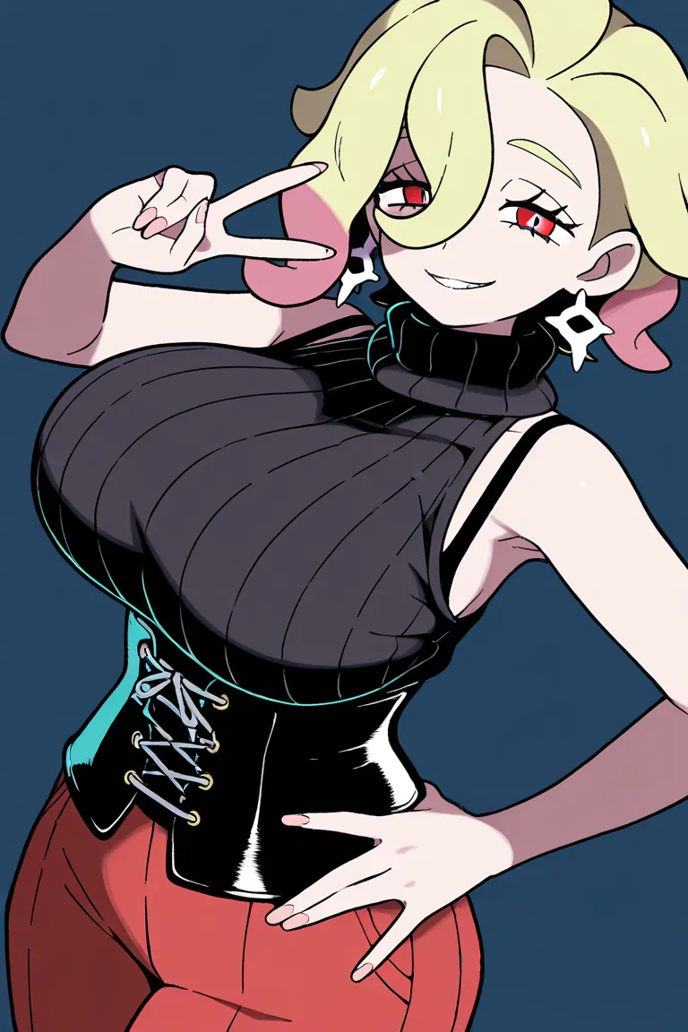 official art, 1 girl, briar_(pokemon), Pokemon sv, smile, V, huge breasts, sleeveless sweater, black sweater, turtleneck, bra strap, black corset, red pants, blonde, earrings, short hair, red eyes, dutch angle, simple background, offcial style, masterpiece...