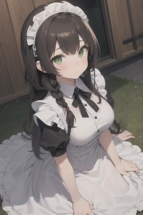 The girl is sweet and modest with fair skin and heterochrome brown and green eyes. She is a brunette with a long and loose braid. She is dressed in modest maid clothes