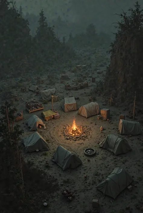 Set up a half-dark camp seen from above in a semi-realistic style with 15 tents, a fire pit and a place for groceries, do it in a half-destroyed landscape as if it were the end of the world.