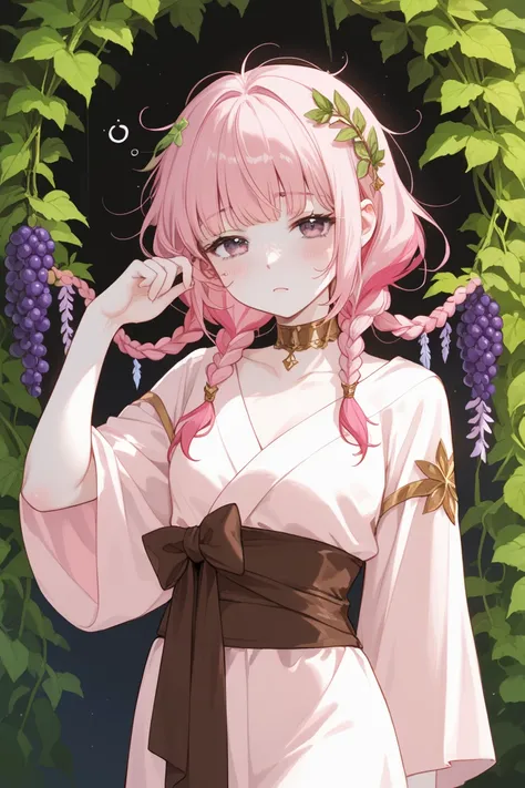 soft, sleepy demeanor, with messy, dyed soft pastel pink hair   hair,styled into intricate braids, adorned with grape clusters, leafy ornaments with delicate, feather-like accessories woven in. Subtle lavender markings, in the shape of grapevines, on his p...