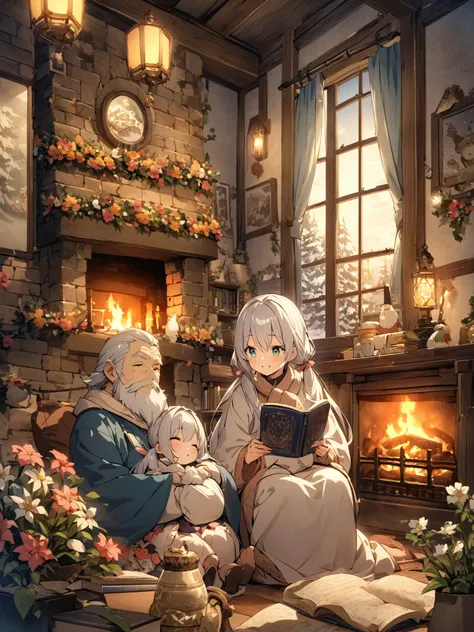 Fairyland、 long silver hair 、A  with twin tails is reading a book on the lap of a white long-bearded old man、There is a fireplace 、Both smiling、A warm room decorated with lots of flowers、Winter scenery outside the window 