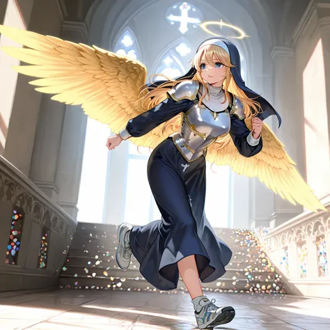 ((RAW photo)), (( masterpiece)), An anthropomorphic humanoid angel girl wearing nun armor, intricate details, running shoes , Complex Grieble Pieces , The sea behind, Yellow Wings, beautiful, Eye and lip details