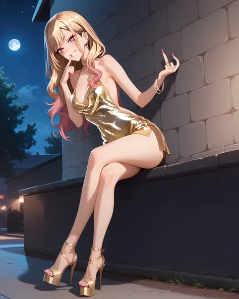 score_9, score_8_up, score_7_up, score_6_up, source_anime, anime, solo, KJOmarin, blonde hair, long hair, pink eyes, earrings, ear piercing, multicolored hair, masterpiece,best quality, medium breasts, flash gyaru,disco dress, microdress, full body, high h...