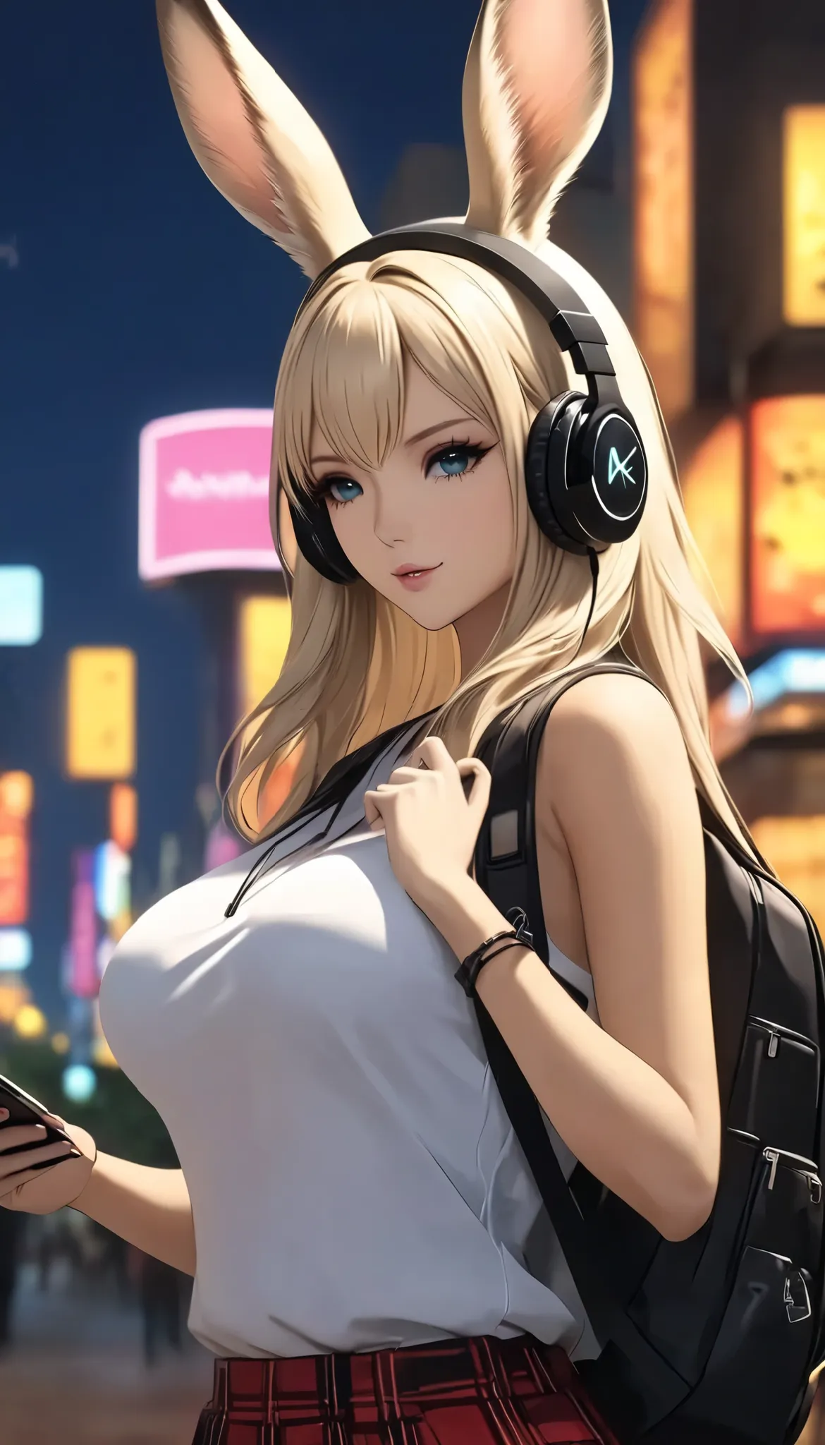 A busty Viera girl wearing headphones and a backpack is looking at her phone,  Anime Style 4 k, Alice x. open,   digital animation art , Nightcore,  Digital Animated Illustration ,  Anime Styled digital art,  Anime Art Wallpaper 4K,  anime art wallpaper 4k...