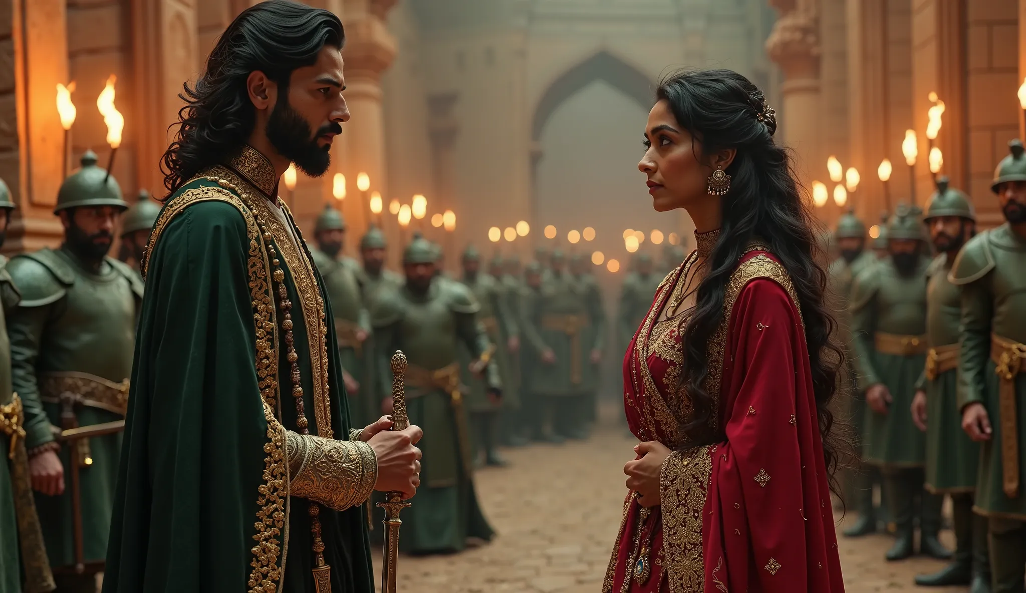 Use write colours and create an ultra HD 4K Quality realistic cinematic style"Amidst ancient stone ruins, torches flicker, casting long shadows. Sikander (25, sharp features, black hair, well-groomed beard, intense eyes, royal black and  golden dress) stan...